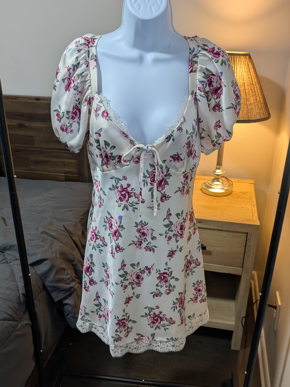 Forever 21 Ivory Floral Puff-Sleeve Tunic with Pink Roses